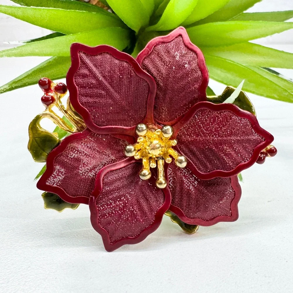 Vintage Y2K Kenneth Cole Burgundy Mesh Poinsettia Christmas Green Enamel Brooch